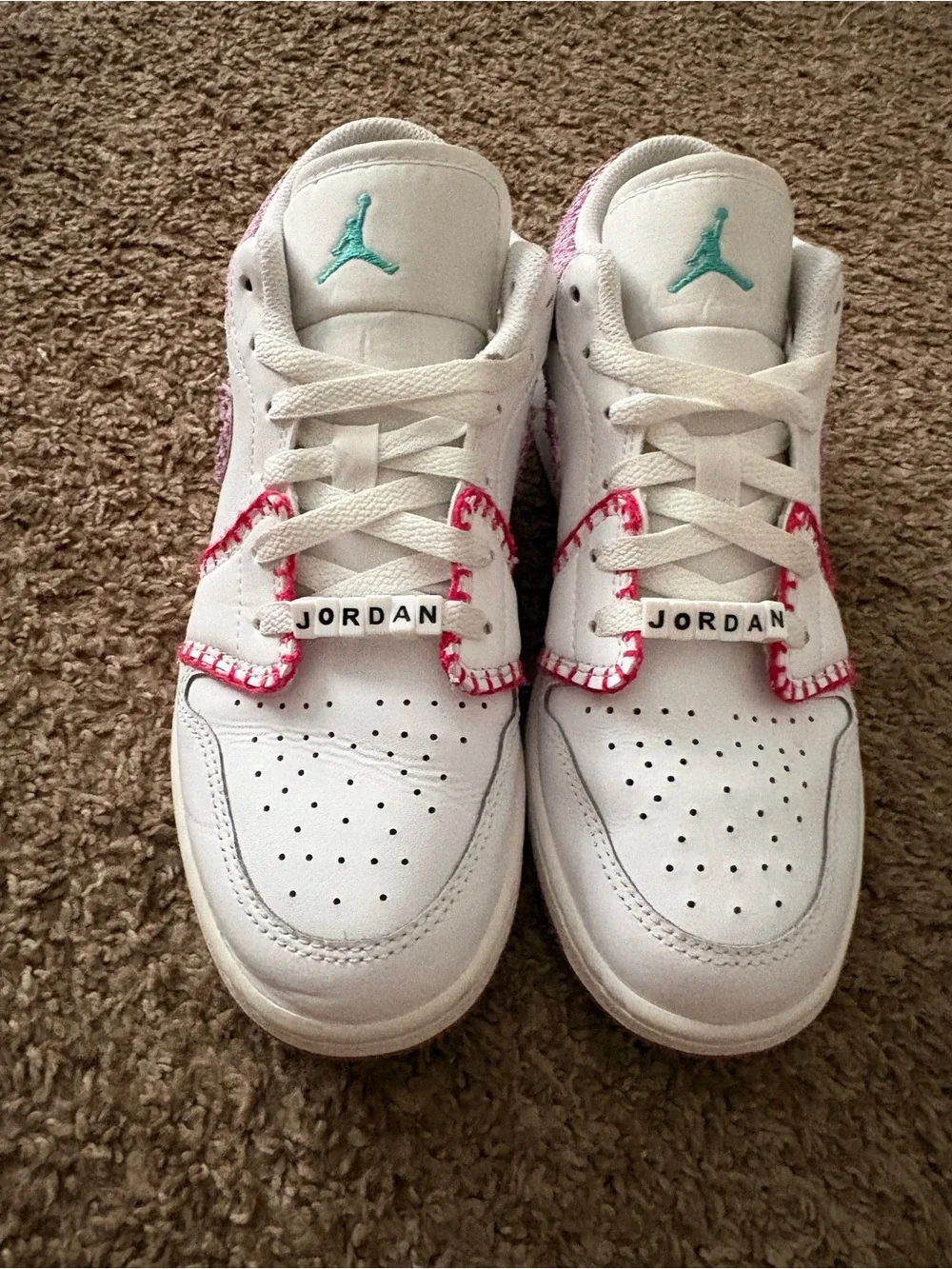 Jordan Kids White Sneakers with Teal Jumpman and Pink Trim
